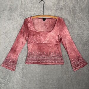 FANG Y2K Pink Tie Dye Mesh Bell Sleeve Top Square Neck Embroidered Back Tie L